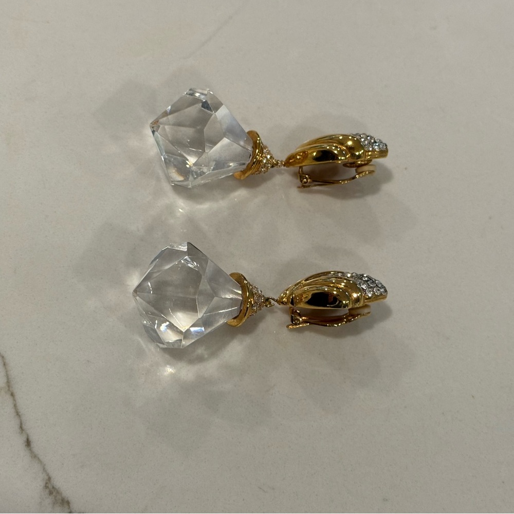 St. John Clip on Elegant Gold and Silver Crystal Drop Earrings - Picture 4 of 7